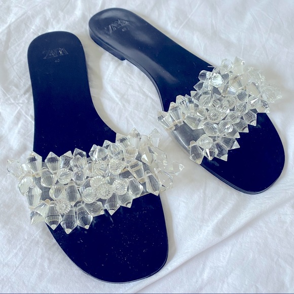 40/9 ZARA CLEAR CRYSTAL MULES SLIDES FLATS SANDALS WOMENS SHOES BLING DIAMOND